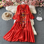 Load image into Gallery viewer, Women Vintage Dress Bohemian Ethnic Seaside Holiday Dress Spring Embroidered V-Neck Beach Dress Sundress Casual Pleated Vestidos