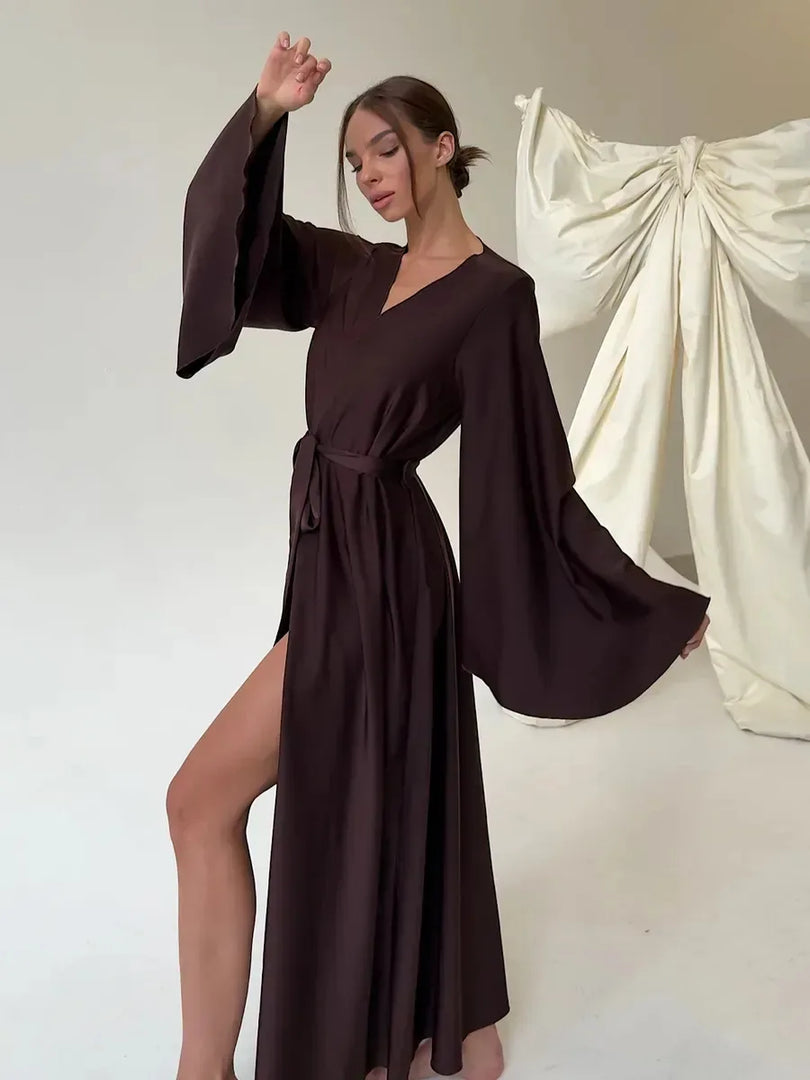 Women's Dress New Spring Summer Satin Loose Robe Sexy High Waisted Split Party Dresses Casual Multi-Color Lace Up Dress Vestidos