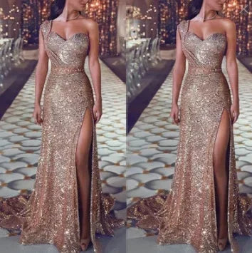 2026 Women's Wedding Party Dress Evening Elegant Sexy Deep V Neck One Shoulder Sleeveless Sequined Long Maxi Dresses For Women