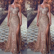 2026 Women's Wedding Party Dress Evening Elegant Sexy Deep V Neck One Shoulder Sleeveless Sequined Long Maxi Dresses For Women