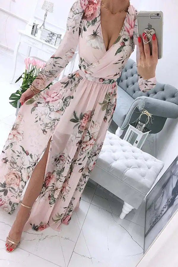Women's Dress Summer Autumn Chiffon Slim Printed Pleated Stitching Dress Women Long Sleeve V-neck High Waist Slit Bohemian Dress