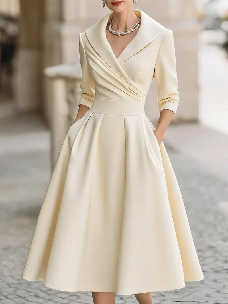 Women's Elegant Wrap Midi Dress with Ruffled Collar and Pockets - Chic Formal Wear