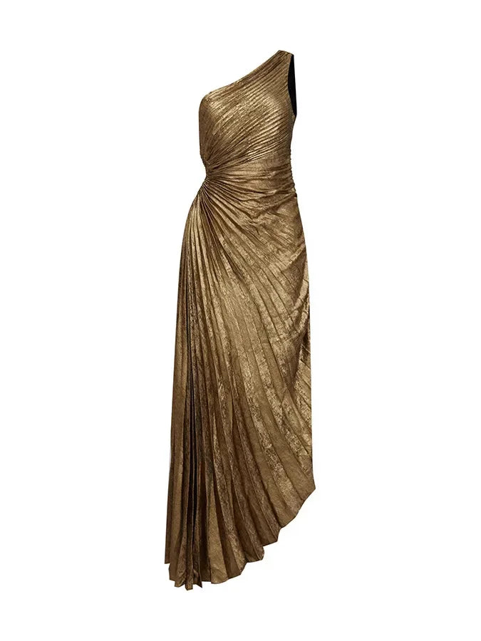 Women's Dresses Sexy Symmetrical Hollow Pleats Long Dress Ladies Fashion Slanted Neck High Waist Party Dress Elegant Solid Dress