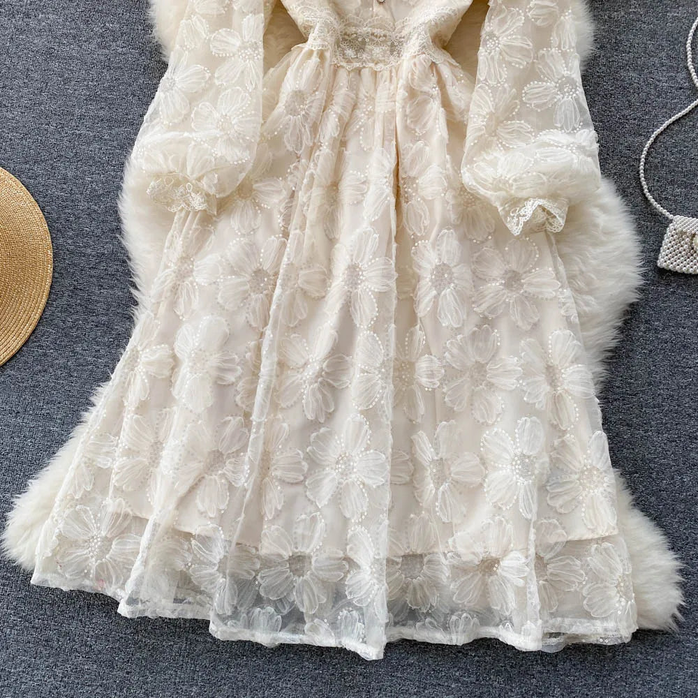 Women Dresses Lace Floral A Line Full Sleeve Dress Tight Waist Elegant V Neck Vestidos Casual Button Summer Office Lady