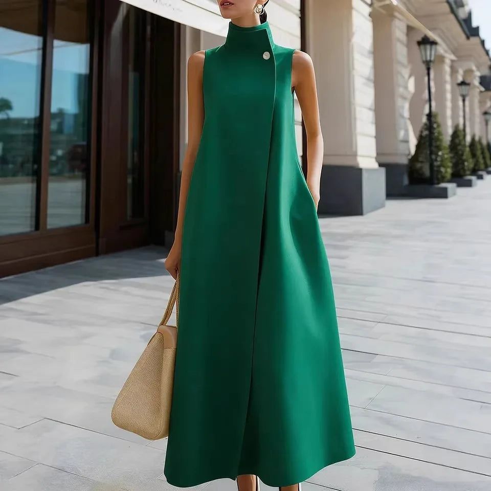 2026 New Women's Summer Dresses White Elegant Commuter Long Dress Stand Collar Single Button Sleeveless Party Dresses for Women