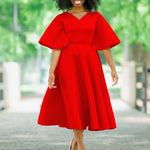 Load image into Gallery viewer, Elegant Dresses for Women V Neck Flare Sleeve High Waisted Pleated A Line Mid Calf Luxury Birthday Party Dinner Vestidos Mujer