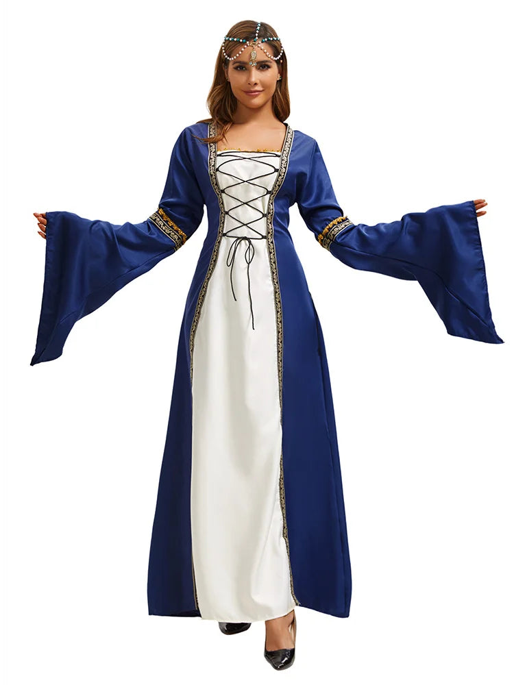 Women’s Medieval Costume Halloween Fashion Dress Vintage Full-Skirted Long-Sleeved Dress Lace-Detail Party and Casual Dress