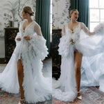 Load image into Gallery viewer, White Women Maternity Dresses for Photo Shoot V Neck Full Sleeves Robe Tiered Tulle Prom Wedding Pregnant Custom Made