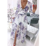 Load image into Gallery viewer, Women's Dress Summer Autumn Chiffon Slim Printed Pleated Stitching Dress Women Long Sleeve V-neck High Waist Slit Bohemian Dress