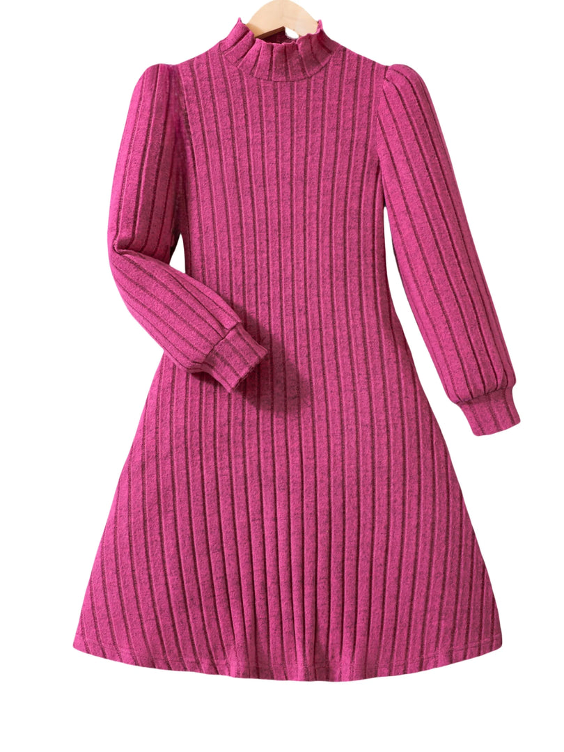 Women's bright pink knitted dress - slim design, warm and comfortable ribbed fabric, suitable for daily wear