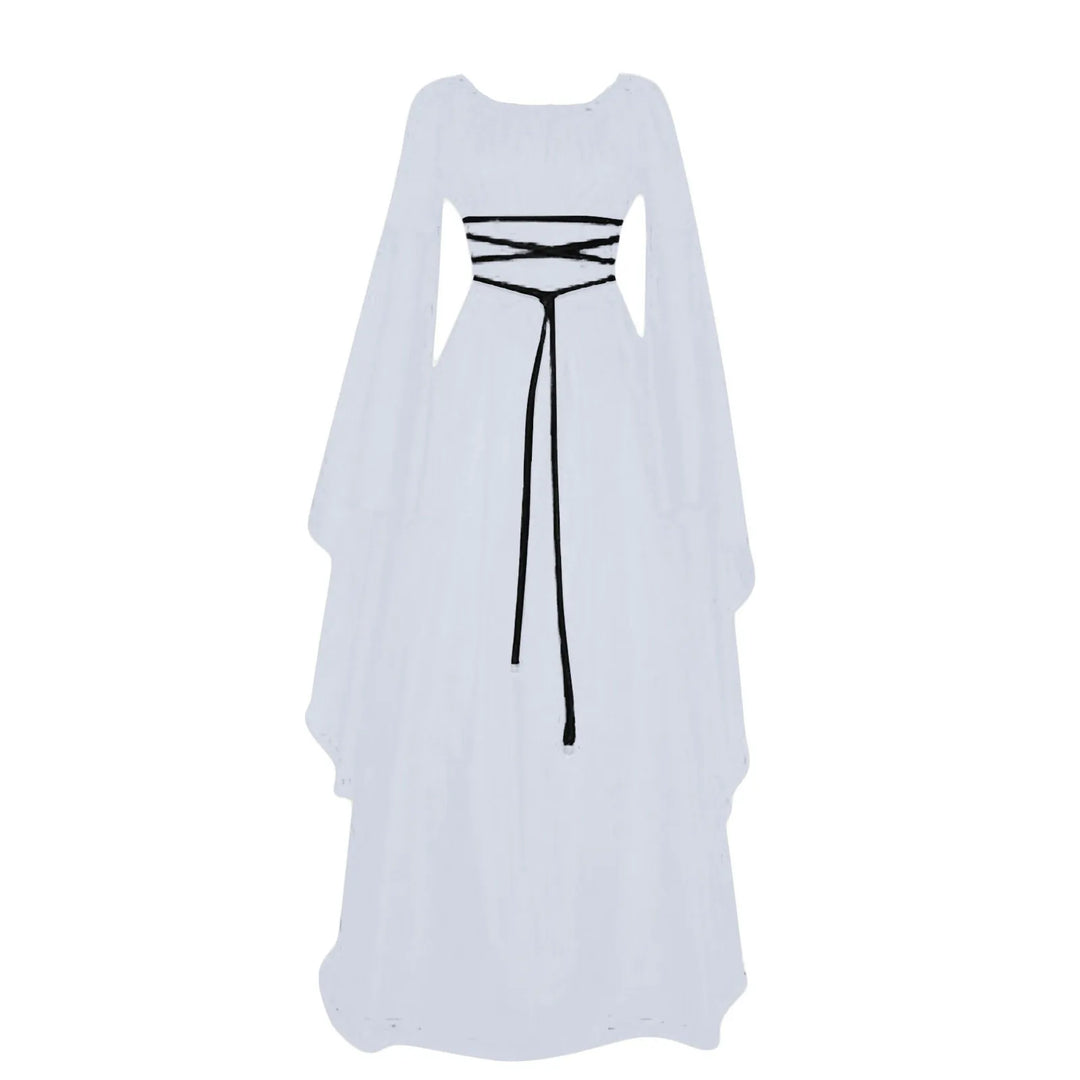 Women'S Halloween Costume Long Sleeved Round Neck Lace-Up Waist Irregular Dresses Medieval Retro Elegant Evening Dress