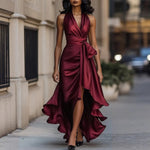 Load image into Gallery viewer, Women's Deep V-Neck Ruffled Evening Gowns Solid Lace-Up High Waist Satin Party Dresses Elegant Temperament Wedding Guests Dress