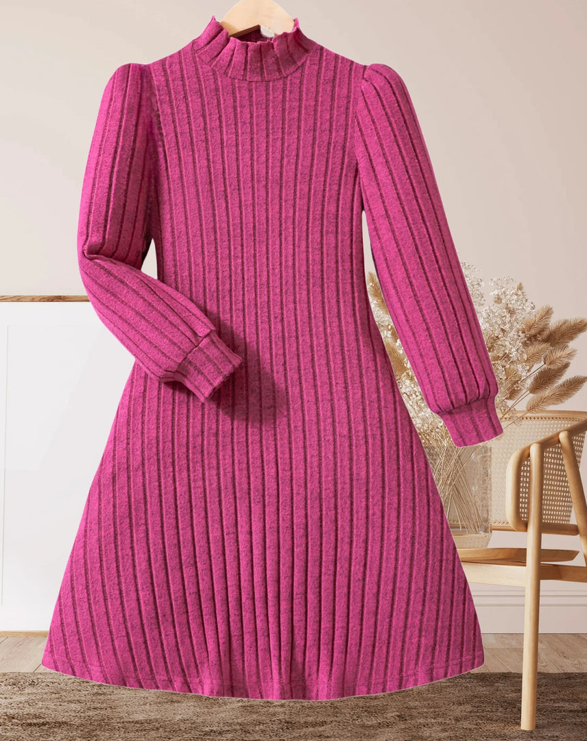Women's bright pink knitted dress - slim design, warm and comfortable ribbed fabric, suitable for daily wear