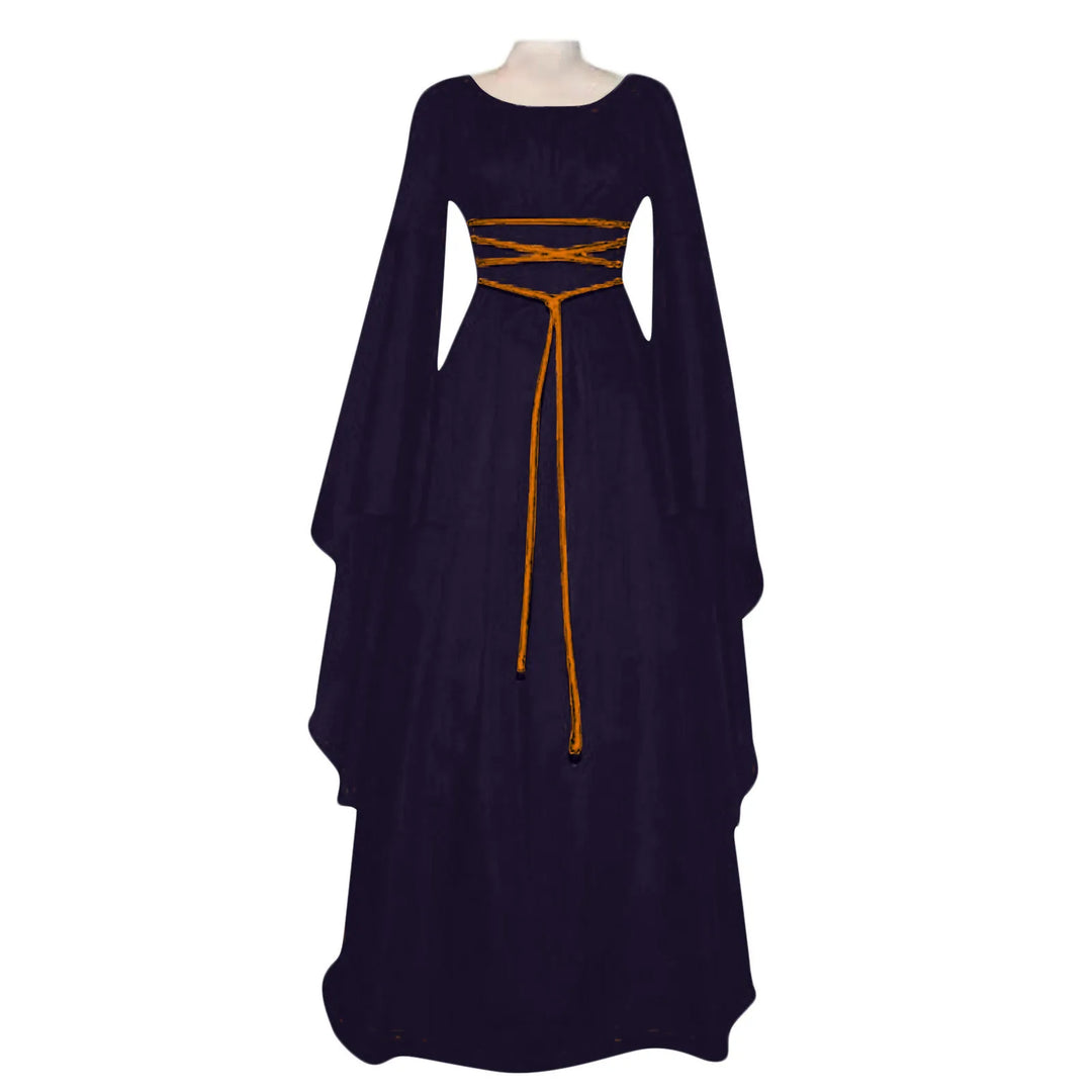Women'S Halloween Costume Long Sleeved Round Neck Lace-Up Waist Irregular Dresses Medieval Retro Elegant Evening Dress