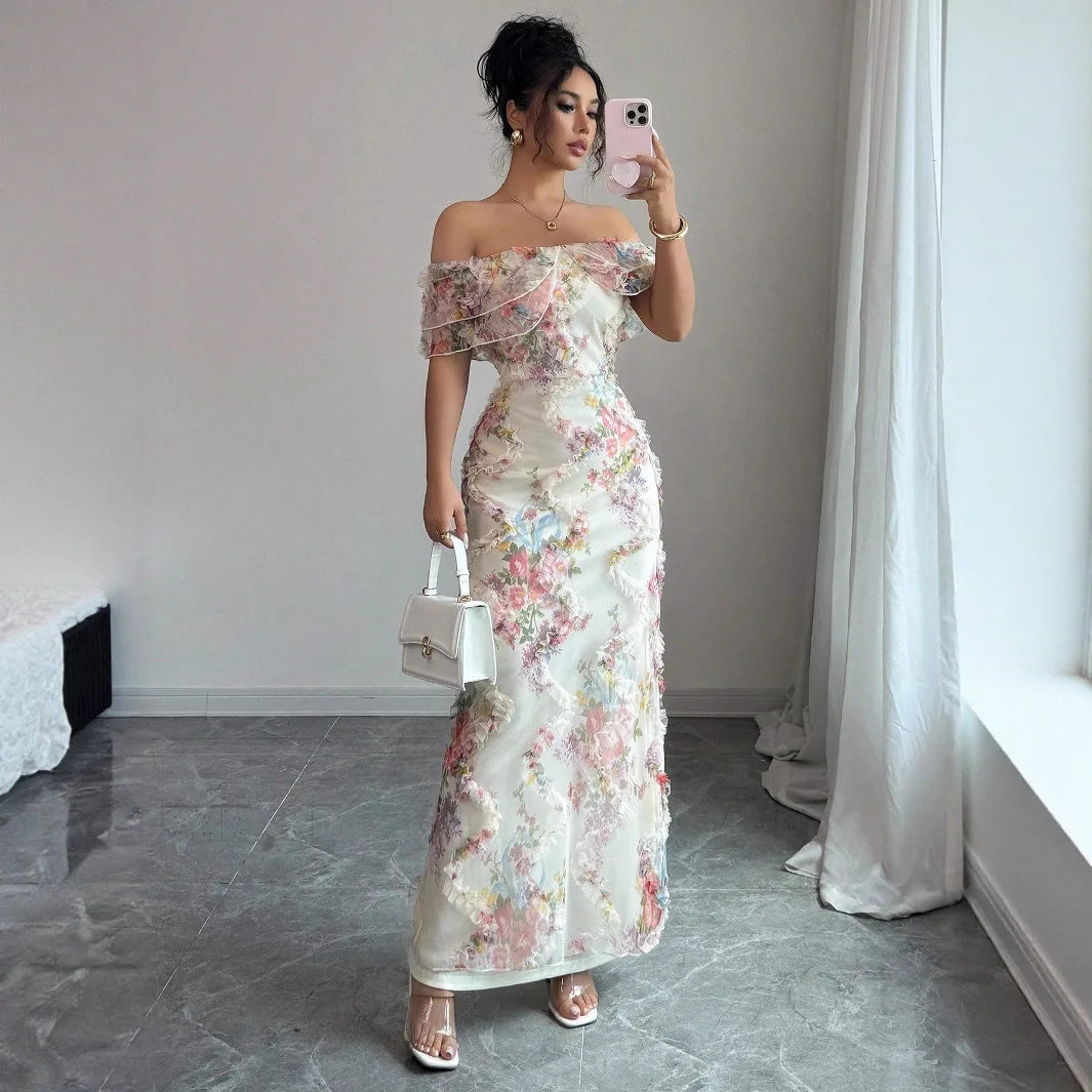 Women's Dresses Elegant and Romantic Ruffled Dress Ladies Sexy Off-the-Shoulder Fitted Mesh Floral Dress Party Gown for Female