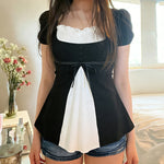 Load image into Gallery viewer, [RUOKE] Casual Y2K Contrast Color Top Women Spring Summer Square Neck Puff Sleeve Bow Slim A-line Babydoll Blouse Sweet Coquette