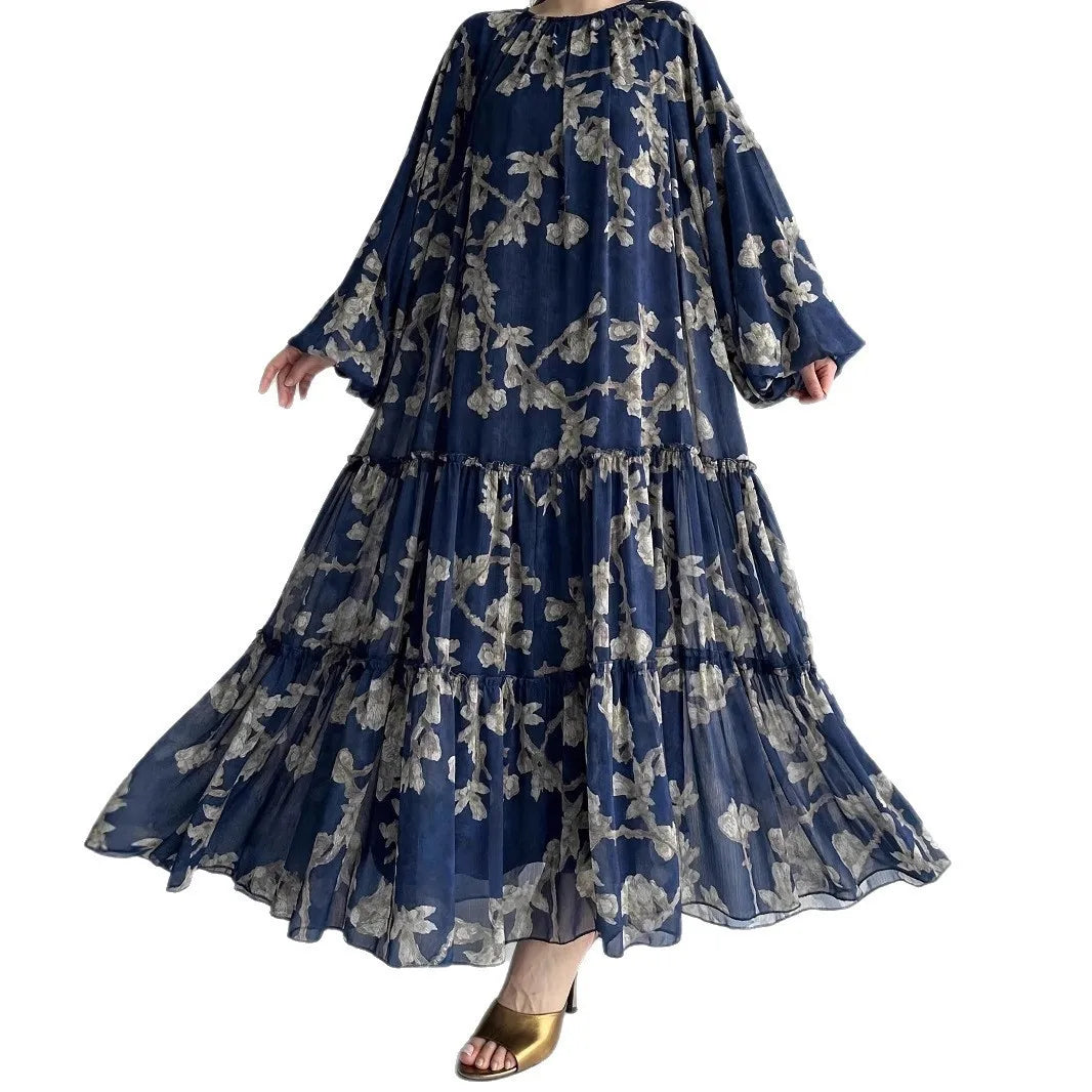Muslim Women's Dress Casual Fashion Middle Eastern Chiffon Round Neck Tie-Dye with Belt Long Temperament Elegant Arab Dress