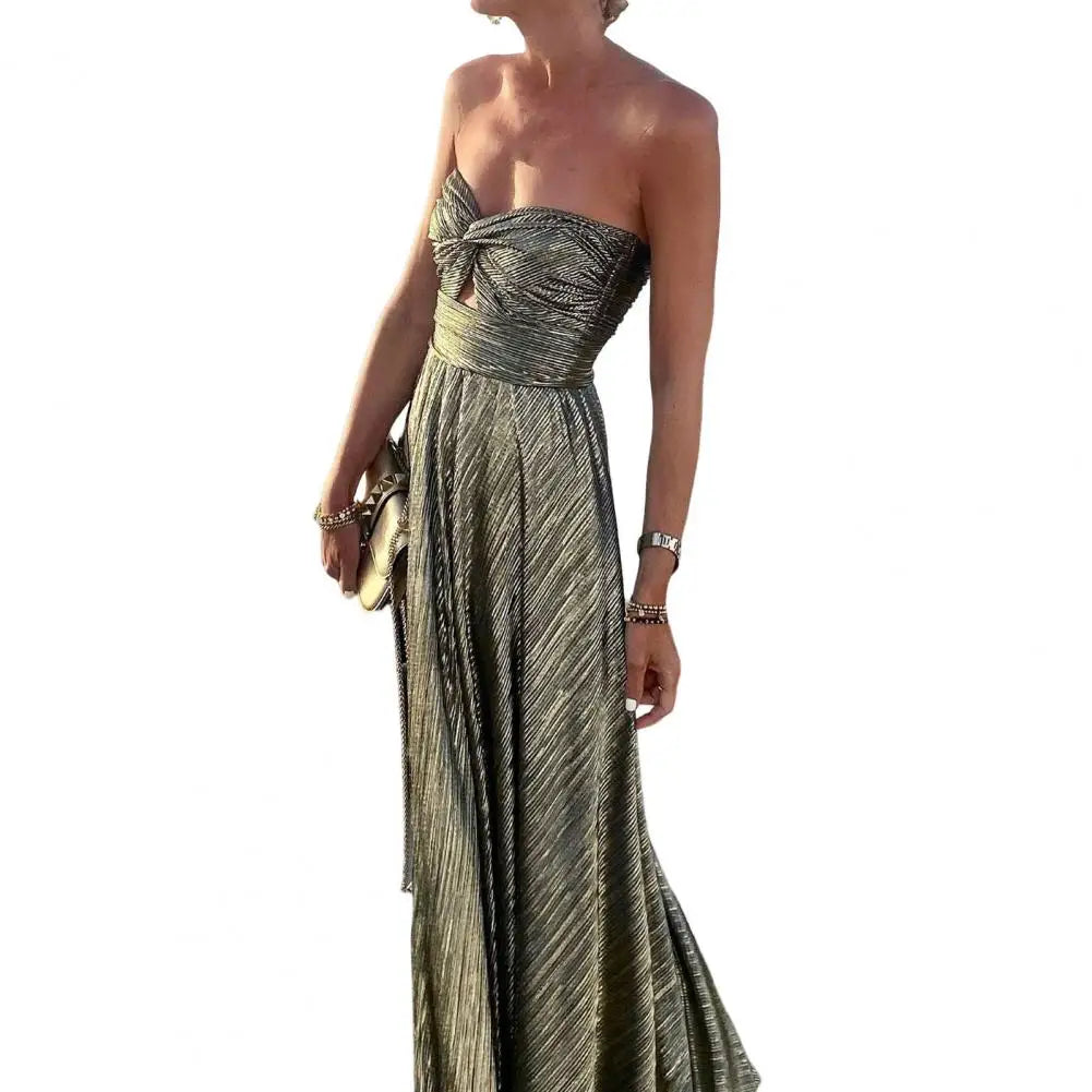 Women Sexy Dress Bronzing Backless Large Hem Beach Party Dress Off Shoulder Sexy Chest Wrapping Long Gown Dress Female Clothing