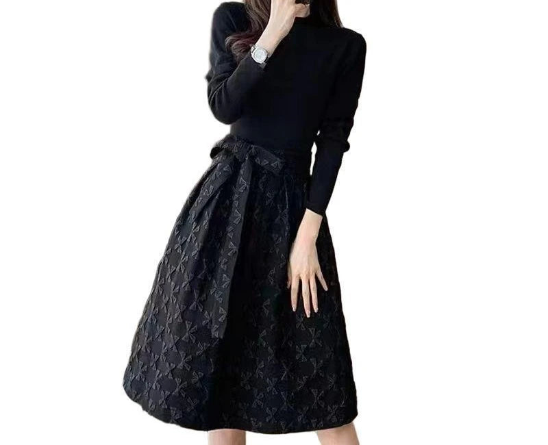 Black Dress for Women in Spring 2025 Fashionable Jacquard Mid Length Design Waist Cinching and Slimming A-line Skirt