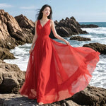 Load image into Gallery viewer, Women's Summer Red Dress New Fashion V-neck Sleeveless Chiffon Long Dress Seaside Vacation Bohemia Beach Dress Vestidos Female