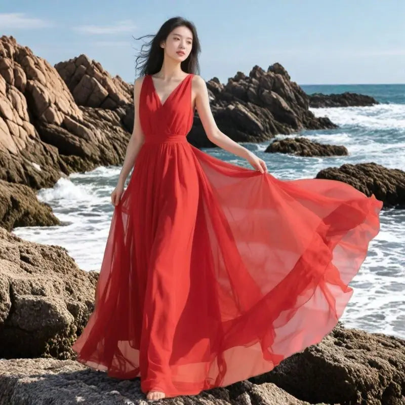 Women's Summer Red Dress New Fashion V-neck Sleeveless Chiffon Long Dress Seaside Vacation Bohemia Beach Dress Vestidos Female