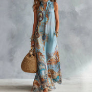 Elegant Sleeveless Long Dress for Women Digital Print Turndown Collar Single-breasted Dresses Flowy Casual Boho Summer Vestido