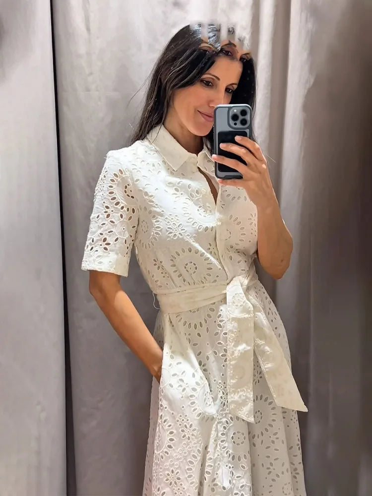 HH Women's Fashion Dress White Turn Down Collar Short Sleeve Bow Lace-Up Single-Breasted Female Summer Embroidery Long Dress