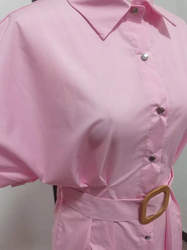 Long Dress Women Shirt Dresses Turn Down Collar Short Sleeve Belt Tight Waist A Line Vestidos Elegant Y2k Streetwear Work 2026
