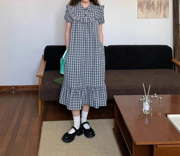2026 Summer Dress for Women, College Style Black and Gray Design Fungus Lace Splicing Mid-length Skirt Fairy