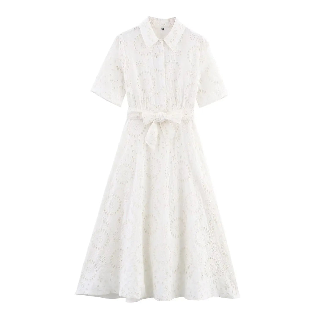 HH Women's Fashion Dress White Turn Down Collar Short Sleeve Bow Lace-Up Single-Breasted Female Summer Embroidery Long Dress