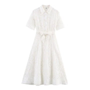 HH Women's Fashion Dress White Turn Down Collar Short Sleeve Bow Lace-Up Single-Breasted Female Summer Embroidery Long Dress