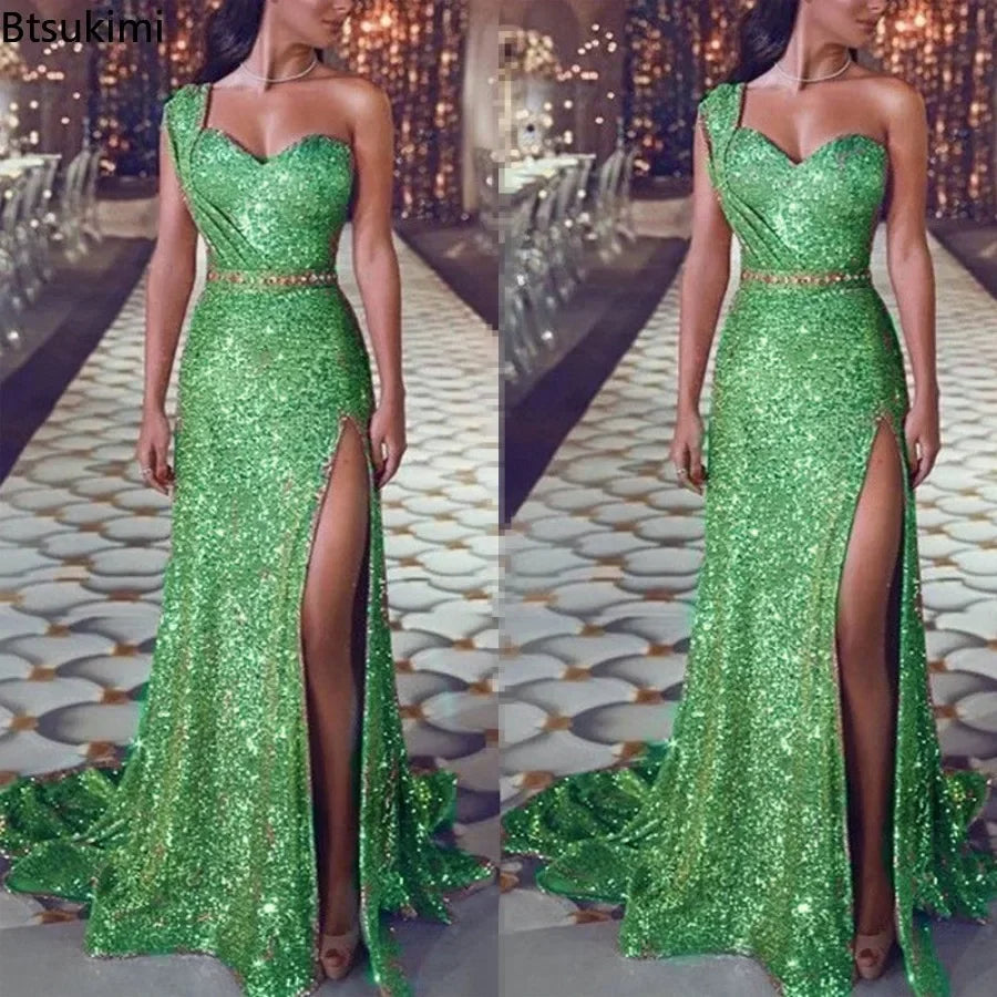 2026 Women's Wedding Party Dress Evening Elegant Sexy Deep V Neck One Shoulder Sleeveless Sequined Long Maxi Dresses For Women