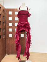 Load image into Gallery viewer, Women Ruffles Draped Dress Three Piece Sets Sexy Halter Neck Folds Ruffled Dress+Lace-up Corset Top+Shorts Suits Party Cocktail