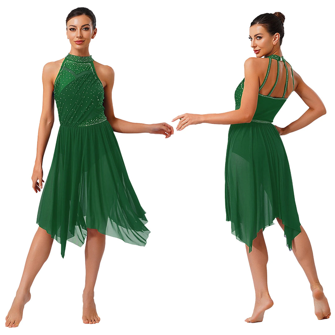 Womens Gymnastics Lyrical Ballet Dance Glittery Rhinestone Dress Ruched Backless Leotard Dresses Contemporary Dance Costumes