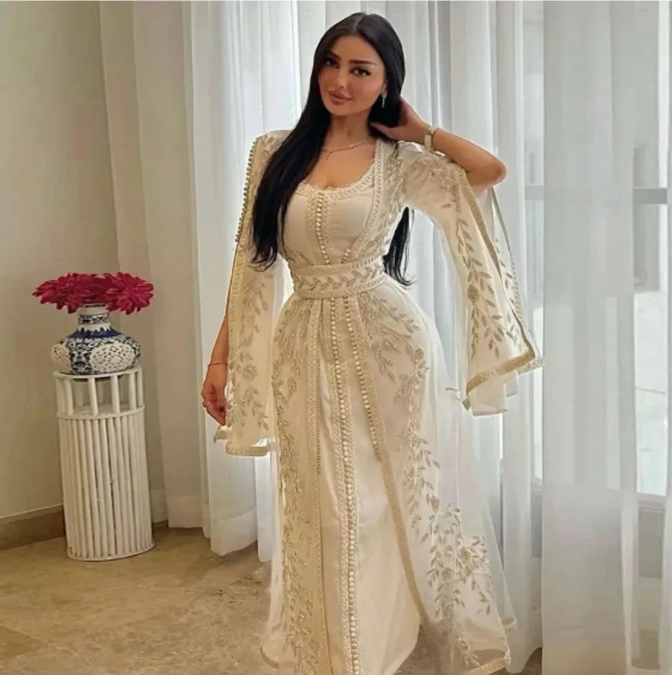Women Moroccan Kaftan Muslim Evening Dresses A-line Sheer Appliques Lace Dubai Arabic Turkey Abaya Islamic Gown Customized