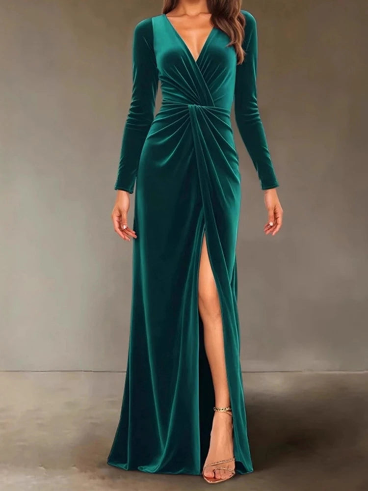 Velvet Dress for Women 2025 Autumn Winter New V-neck Slim Twist High Waist Evening Dress Sexy Solid Color Pleated A-line Dresses