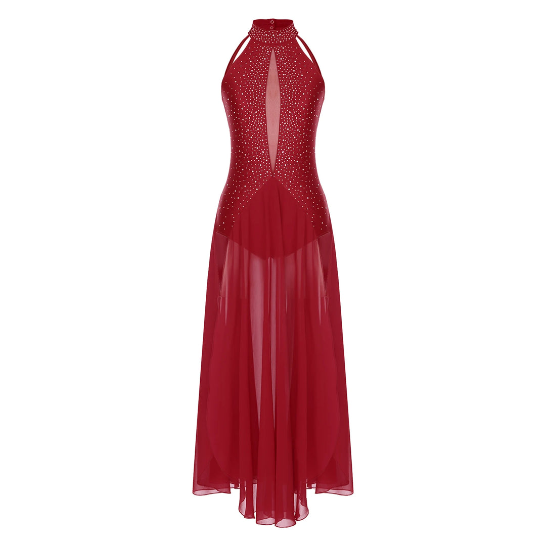 Women Lyrical Dance Dress Modern Contemporary Dancewear Halter Strappy Back Rhinestones Split Dress for Performance Competition