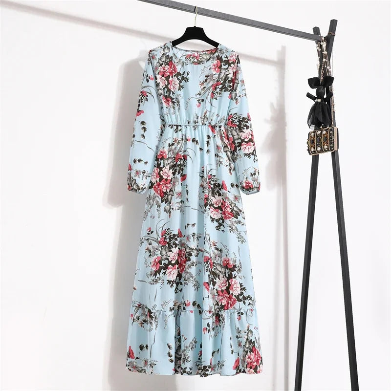 Women Long Dresses Spring Summer Casual Full Sleeve Floral geometry Printed O neck Woman Bohe Beach Party Dress Mujer Vestidos