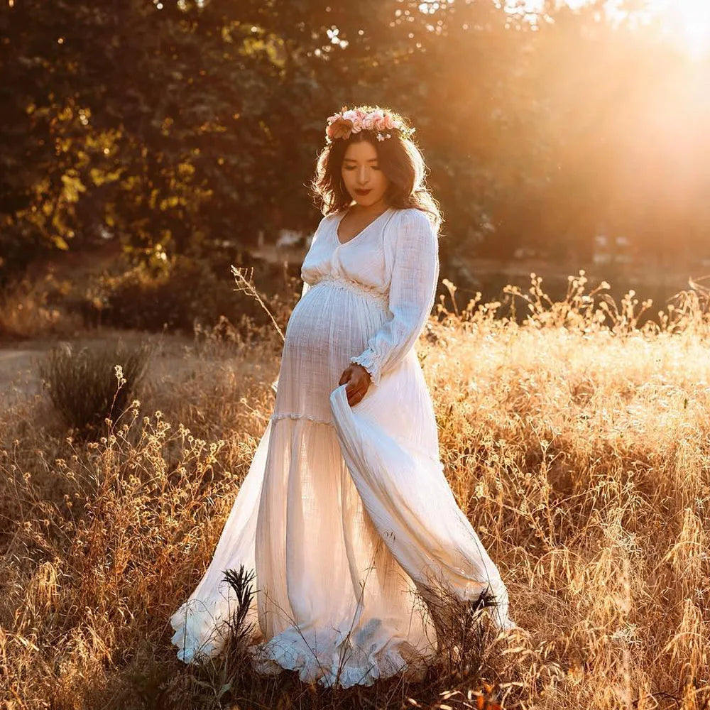 Photography Dress For Women Comfortable Linen Cotton Long Sleeved V-neck Dress Maternity Dresses For Photo Shoot Dress
