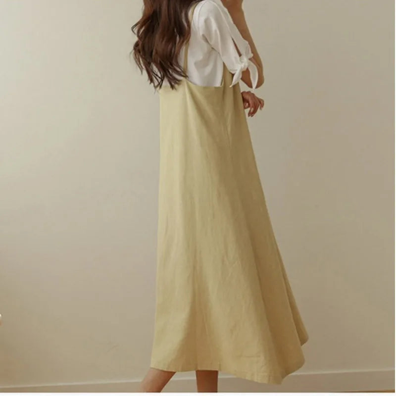 Dresses for Women 2025 Loose Elegant Dress Woman Sexy Sleeveless Spaghetti Strap Pockets Cotton Off The Shoulder Dress KE1409