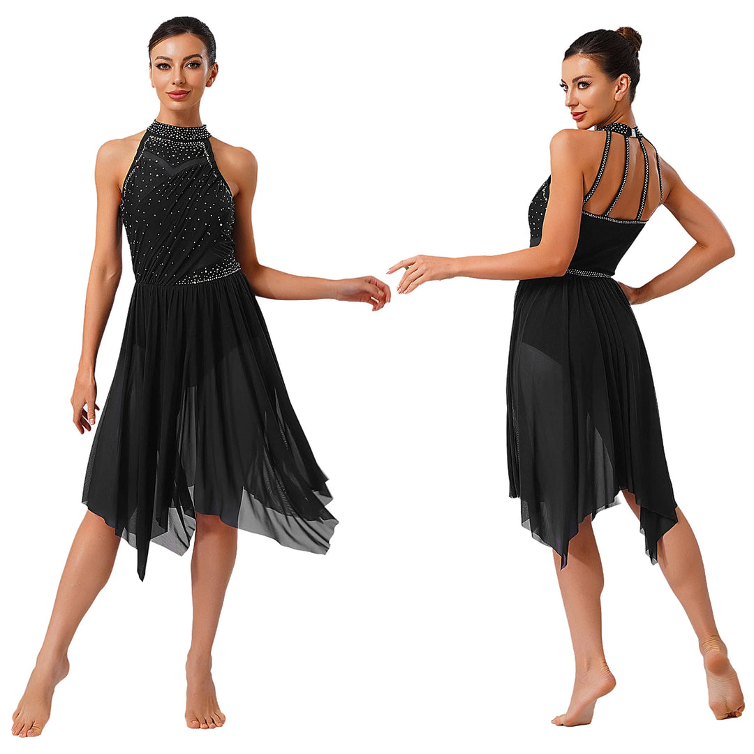 Womens Gymnastics Lyrical Ballet Dance Glittery Rhinestone Dress Ruched Backless Leotard Dresses Contemporary Dance Costumes