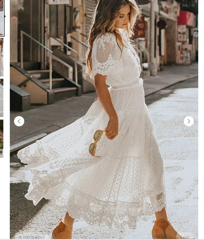 Women's Dress White Hollow Out Cotton Sundress Lace Sleeveless Long Splicing Summer Party Elegant Evening Woman Skirt Clothing