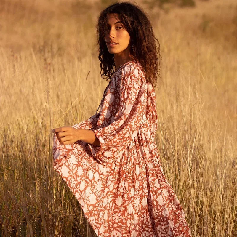 Women Dresses Summer  V Neck Tied Rope Loose Casual Dress Half Sleeve Printing Sundress Boho Dress Beach Vacation Short Dress