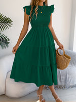 Load image into Gallery viewer, Spring Summer Elegant Ruffled Dresses for Women 2026 Casual Vacation Solid Color Round Neck Sleeveless Long Dress Blue Green