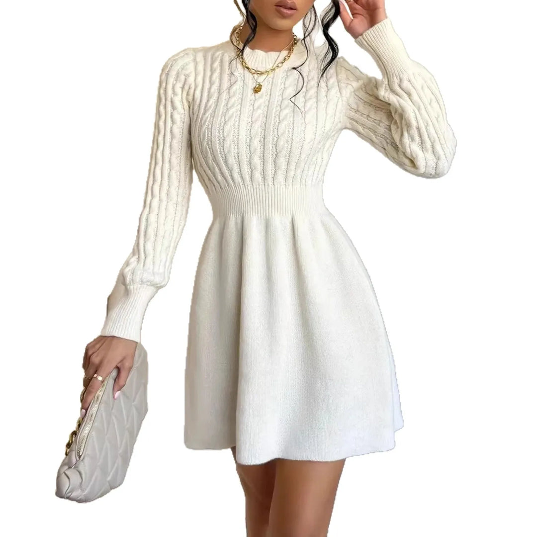 Knitted Dress Women 2025 Autumn Winter New Waist-tied Round Neck Ribbed Pattern Dress