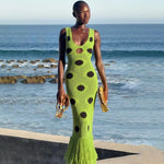 Load image into Gallery viewer, Women Sexy See Through Knitted Maxi Dress Hollow Out Deep Neck Pot Robes Tassel Hem Fork Party Vestidos  New Lady Club Dress