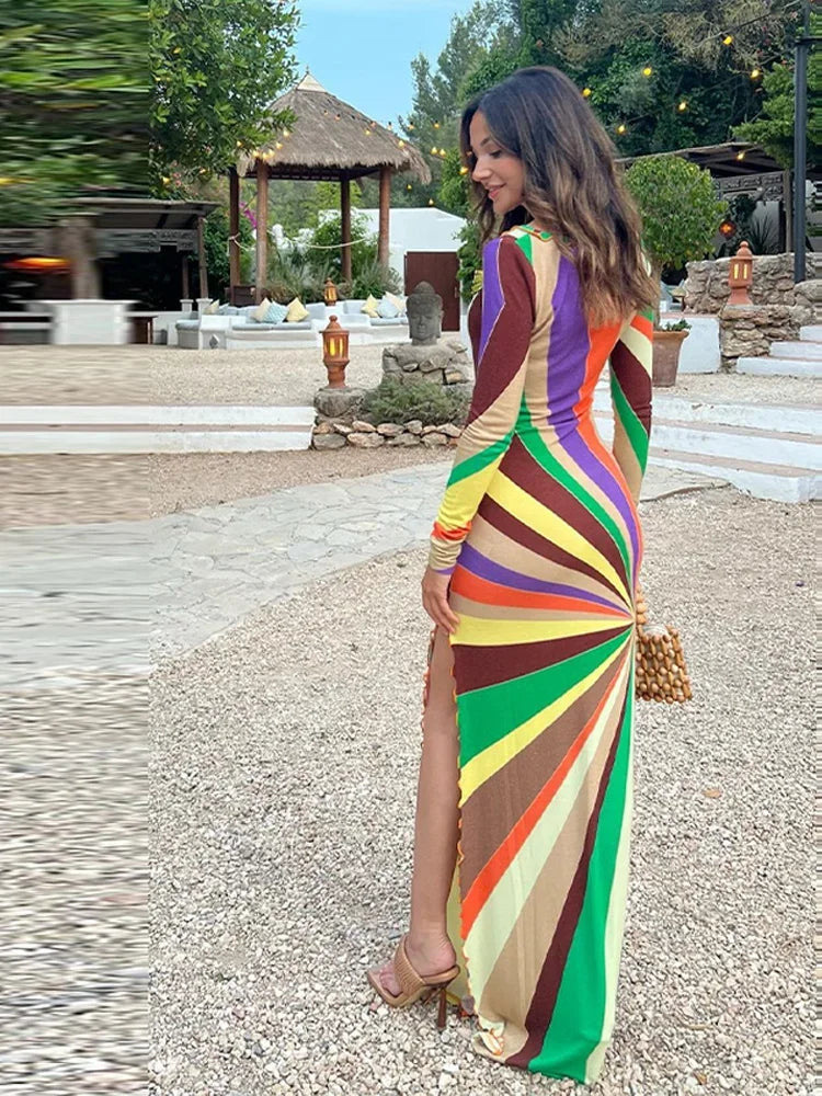 Women's Dresses Rainbow Outerwear Print Bodycon Maxi Dress Long Sleeve Summer Trendy High Slit Casual Evening Gown Woman Clothes