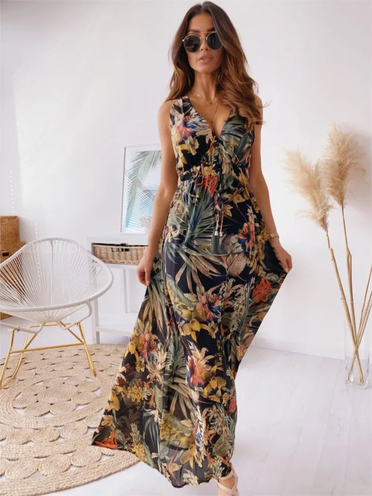 Women's Print Dress Fashion V-Neck Sleeveless High Waist Loose Dresses Robe Femme Casual Party Holiday Dresses For Women Summer