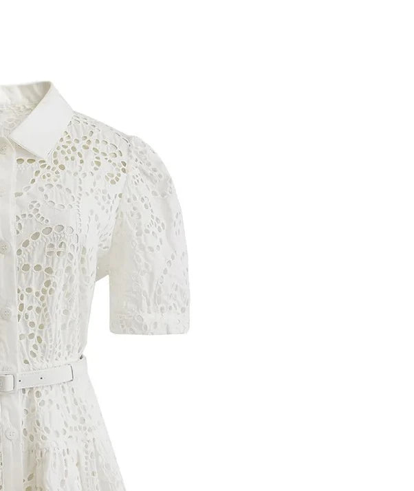 Women's white embroidered dress with short sleeves and waist for office ladies, elegant shirt dress