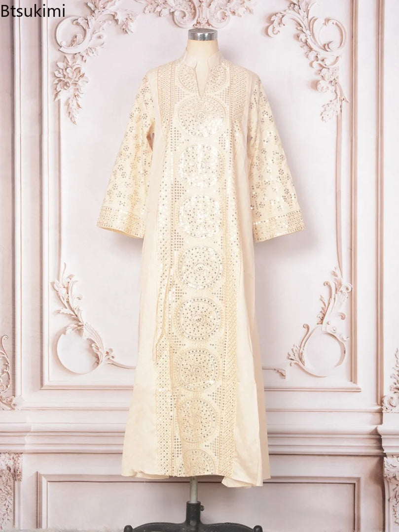 Women Elegant Dresses Eid Muslim Sequins Maxi Dress Jalabiya Morocco Party Robe Evening Dresses Dubai Abaya Kaftan Arab Vestidos